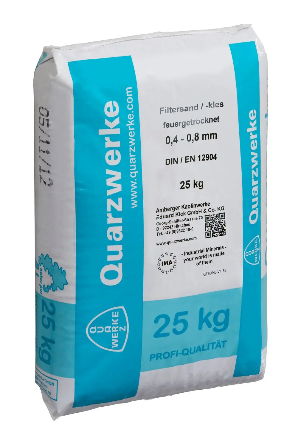 Weiße Verpackung mit blauem Logo von Grünbeck. Enthält Filtersand, feuergetrocknet, mit einer Körnung von 0,4 - 0,8 mm. Gewicht: 25 kg.